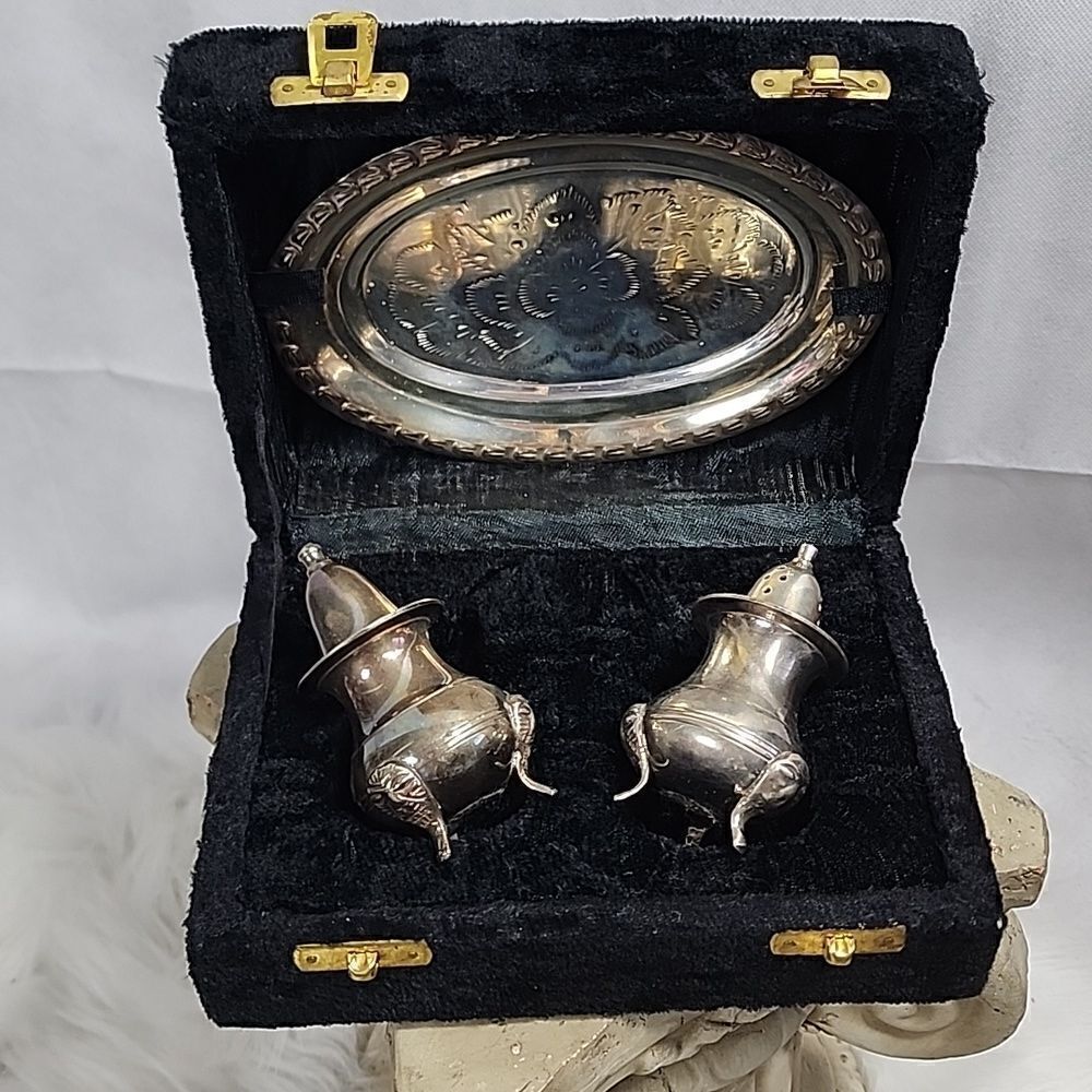 Vintage Silverplate Salt & Pepper with Tray and Crushed Velvet Case